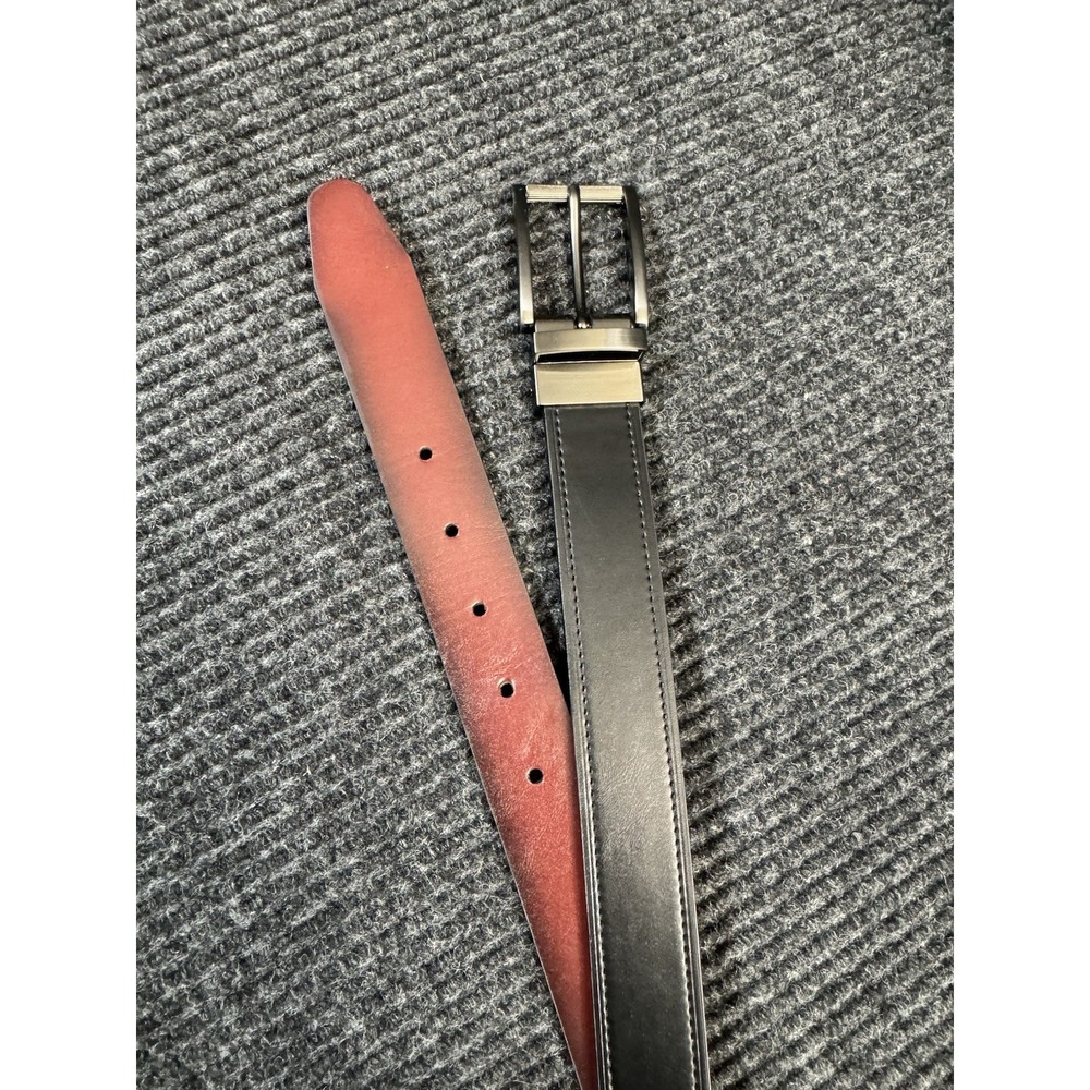 Men's 44/110 Reversible Black Brown Leather-Look Belt Double Prong Buckle